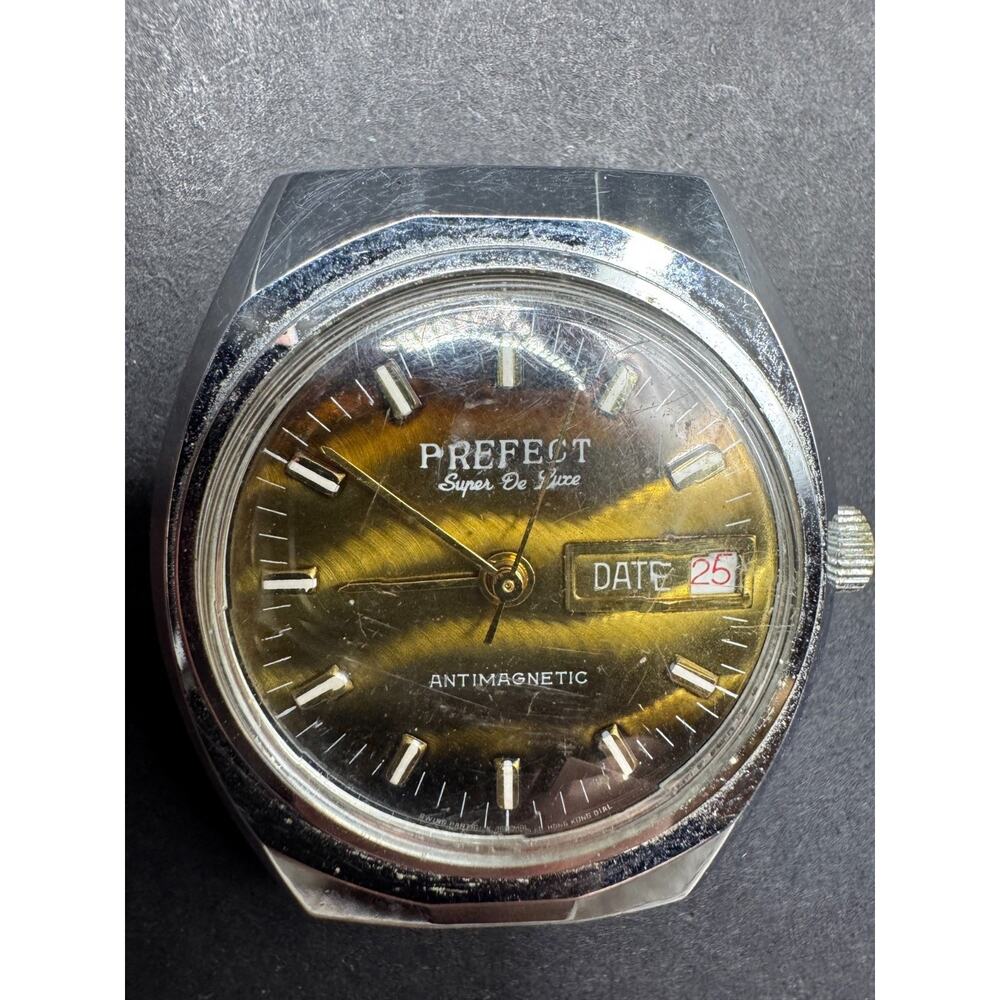 Vtg Rare PREFECT Super De Luxe Antimagnetic Day/Date Winding Men's Watch 35.9mm